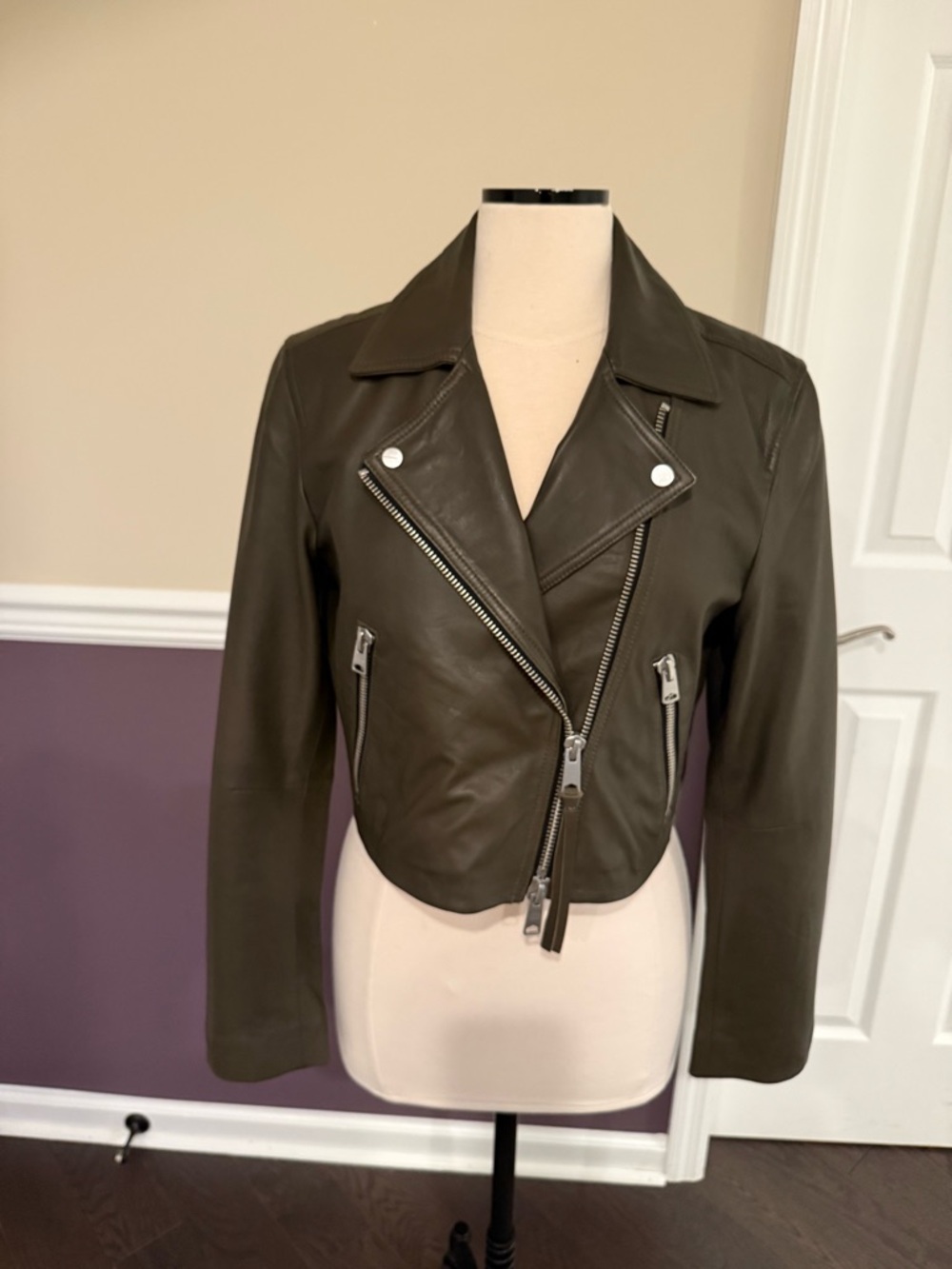 All Saints Olive Leather Moto Jacket with Silver Hardware